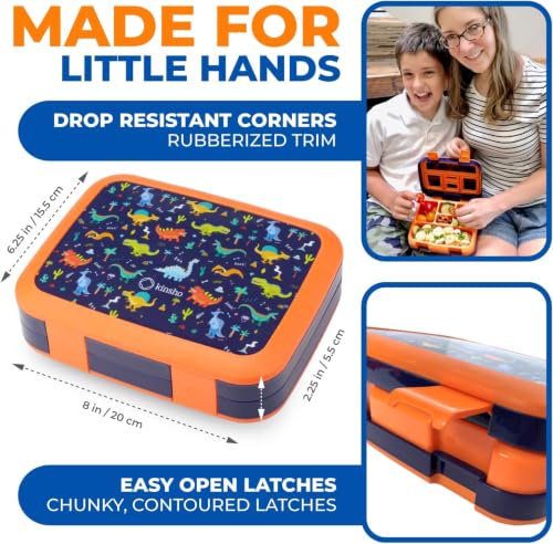 Image of kinsho Bento Lunch Boxes for Boys Toddlers, 5 Portion Sections Secure Lid, Snack Container, Microwave Safe BPA Free Removable Plastic Tray, Pre-School Kid Daycare Lunches, 2 Pack Dinosaur + Rocket
