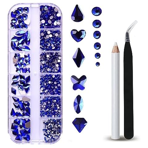 Nail Art Rhinestones Nail Gemstones, 810Pcs Mix Shaped Flatback Crystals Diamonds,with Tweezers andpieces 1 Piece of Rhinestone Pen,for DIY Craft Makeup Dressup Manicure Face Clothes Shoes(Blue) Cover