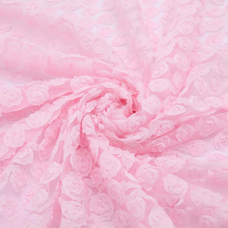 Tissu mousseline rose layette avec rosettes 3D de 130 cm de large au yard