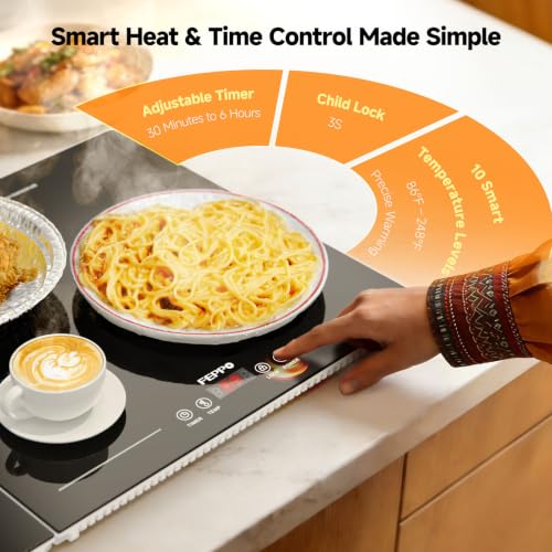 Image of FEPPO Electric Warming Tray with Independent Temp & Timer Control, 2-in-1 Modular Food Warmer for Parties Buffet, 31 inchx15 inch Glass Surface Warming Mat for Food, Ideal for Catering & Gatherings