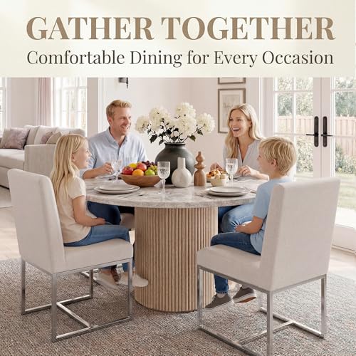 Image of HNY Modern Dining Chairs Set of 4, Upholstered Linen Dining Room Chairs with Ergonomic Back & Polished Silver Metal Frame for Home, Kitchen, Apartment, Cream