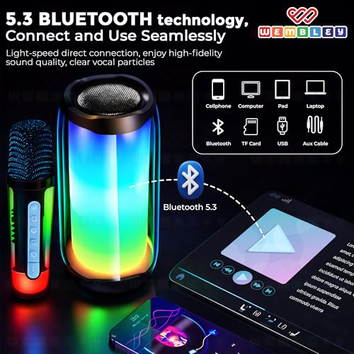 Image of Wembley Bluetooth Speakers Wireless | Rechargeable Karaoke Mic with Speaker | Portable Karaoke System for Home | Mic for Kids for Singing | Mike for Kids with Speaker | RGB Lights | 5 Voice Effects