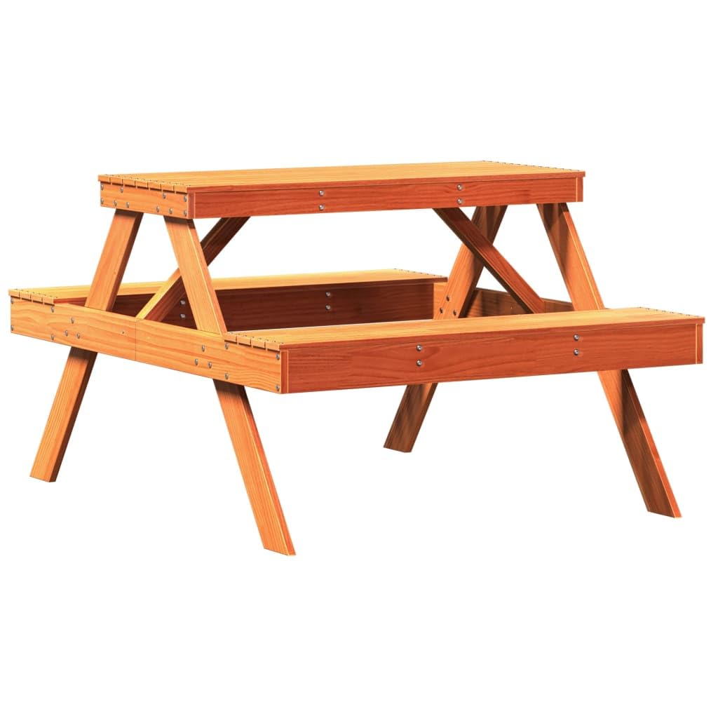 Tavolo da picnic in legno di pino massiccio, marrone cerato, 105 x 134 x 75 cm | Robusto piano del tavolo, design a doghe contro l'accumulo d'acqua, per giardino e terrazza, massimo 110 kg per seduta