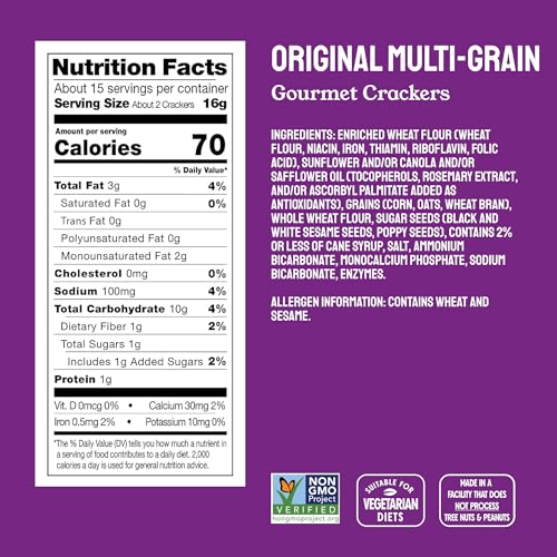 Milton's Gourmet Crackers, Original Multi-Grain - Non-GMO Project Verified, Natural Ingredients, Kosher, Great for Charcuterie Boards - 8.4 Oz, Pack of 4