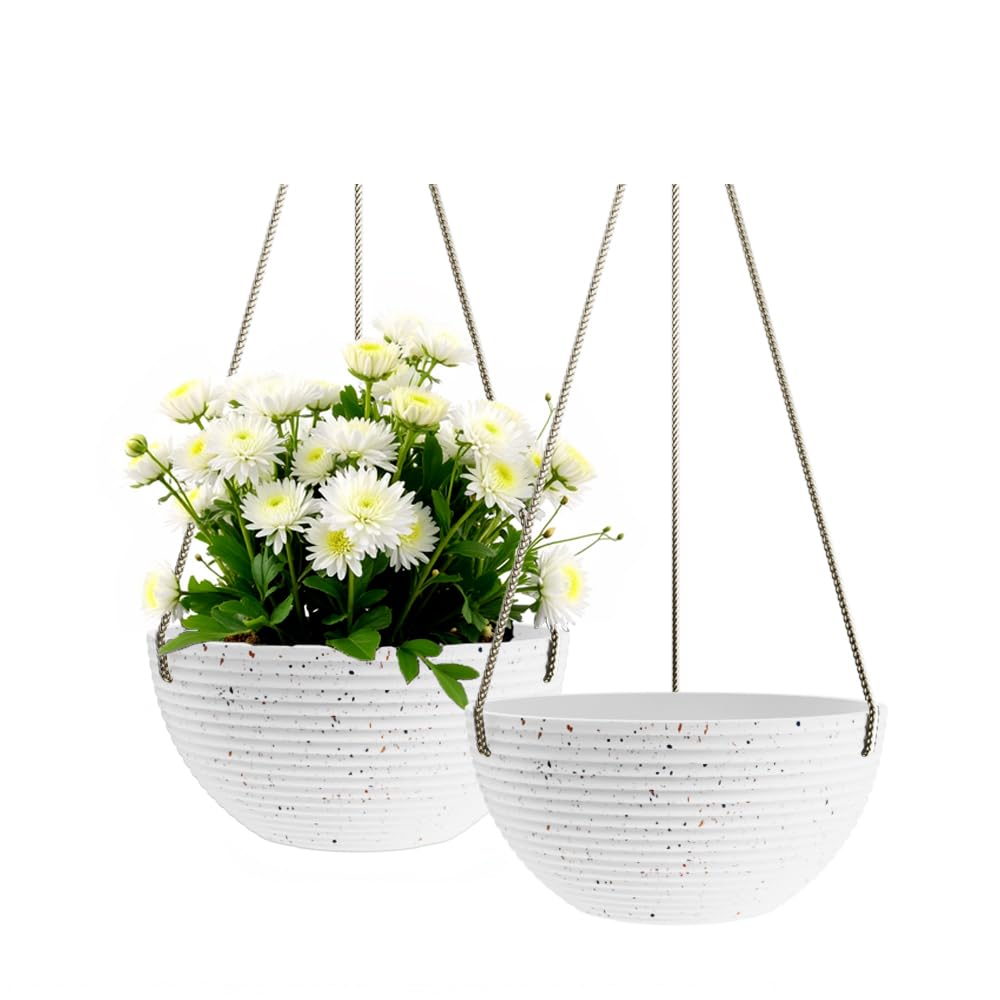 Asnext Wzór w linie, 25 cm, wisząca doniczka do użytku wewnątrz i na zewnątrz, 2 sztuki okrągłych wiszących doniczek na rośliny (cętkowana biel)