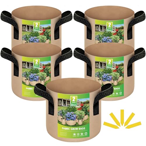 iPower 5-Pack 2 Gallon Plant Grow Bags Thickened Nonwoven Aeration Fabric Pots Heavy Duty Durable Container Strap Handles for Garden Tan