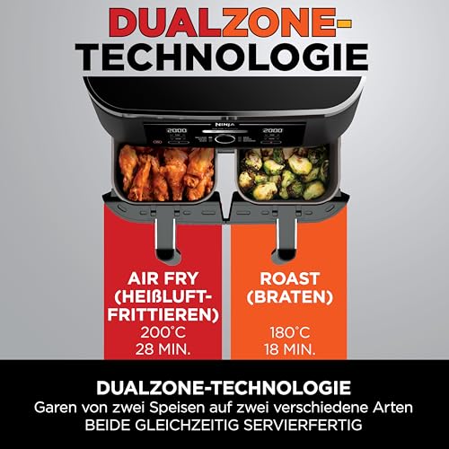 Ninja Foodi Dual Zone Airfryer Heißluftfritteuse, 2 Fächer, 7,6 l, 4-in-1, ohne Öl, Heißluftfrittieren, Max Crisp, Braten, Aufwärmen, antihaft, spülmaschinenfester Korb & Knusperblech, Schwarz AF200EU – Bild 6