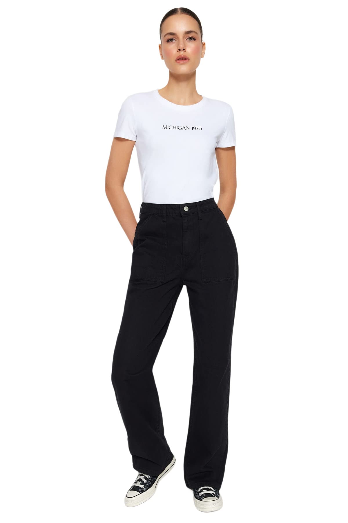 Trendyol Damen Women High Waist Wide Leg 90's Wide Leg Jeans Hose, Black,