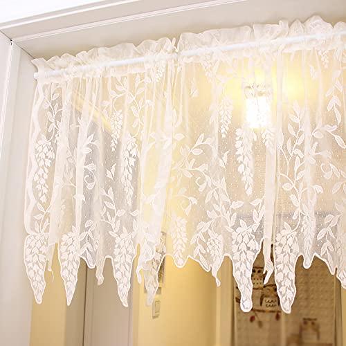 Yaland Scheibengardine mit Blätter Muster Stangendurchzug Bistro Jacquard strukturierte Oberfläche Türvorhang mit gebogten Kante 1 Stück, Weiß, BxH 145x60cm Cover