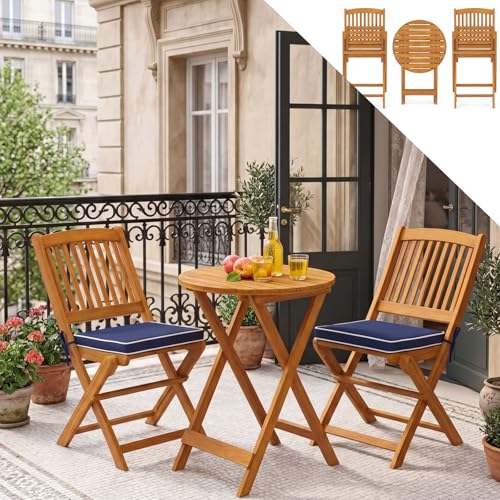 GOPLUS Salon de Jardin Exterieur 2 Personnes, Table Bistrot en Bois Acacia avec 2 Chaises 2 Coussins Amovibles, 3PCS Table Balcon 2 Places Pliante pour...