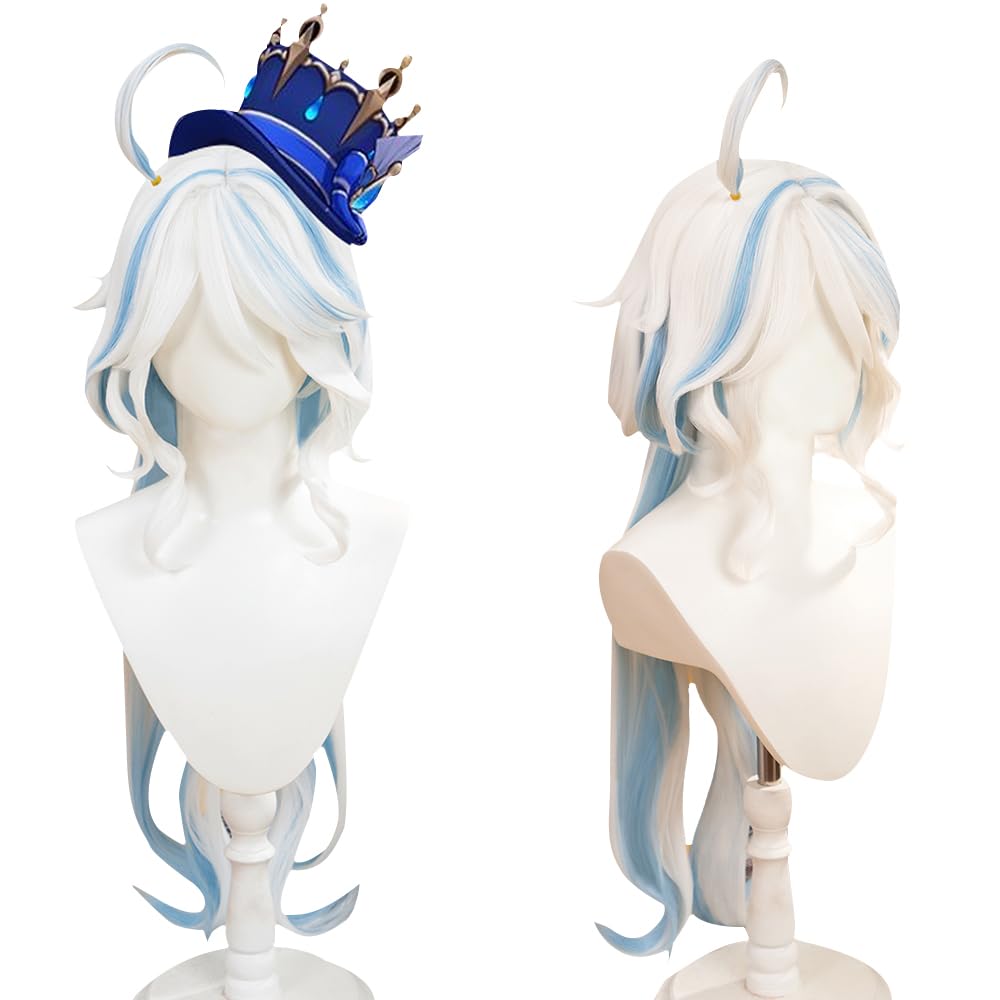 KIRA Focalors Cosplay Wig Game Genshin Fontaine Furina Wig Long Curly Blue Hair Halloween Party Wig for Women Men (100cm)