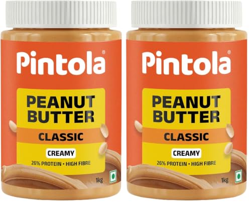 Image of Pintola Original Classic Peanut Butter Creamy 1kg - with High Protein 26g & 7.2g Fiber, Premium Roasted Nuts, Gluten Free, Zero Trans Fat, with MUFA Good Fats, Vit E & B3, Dairy Free (Pack of 2)