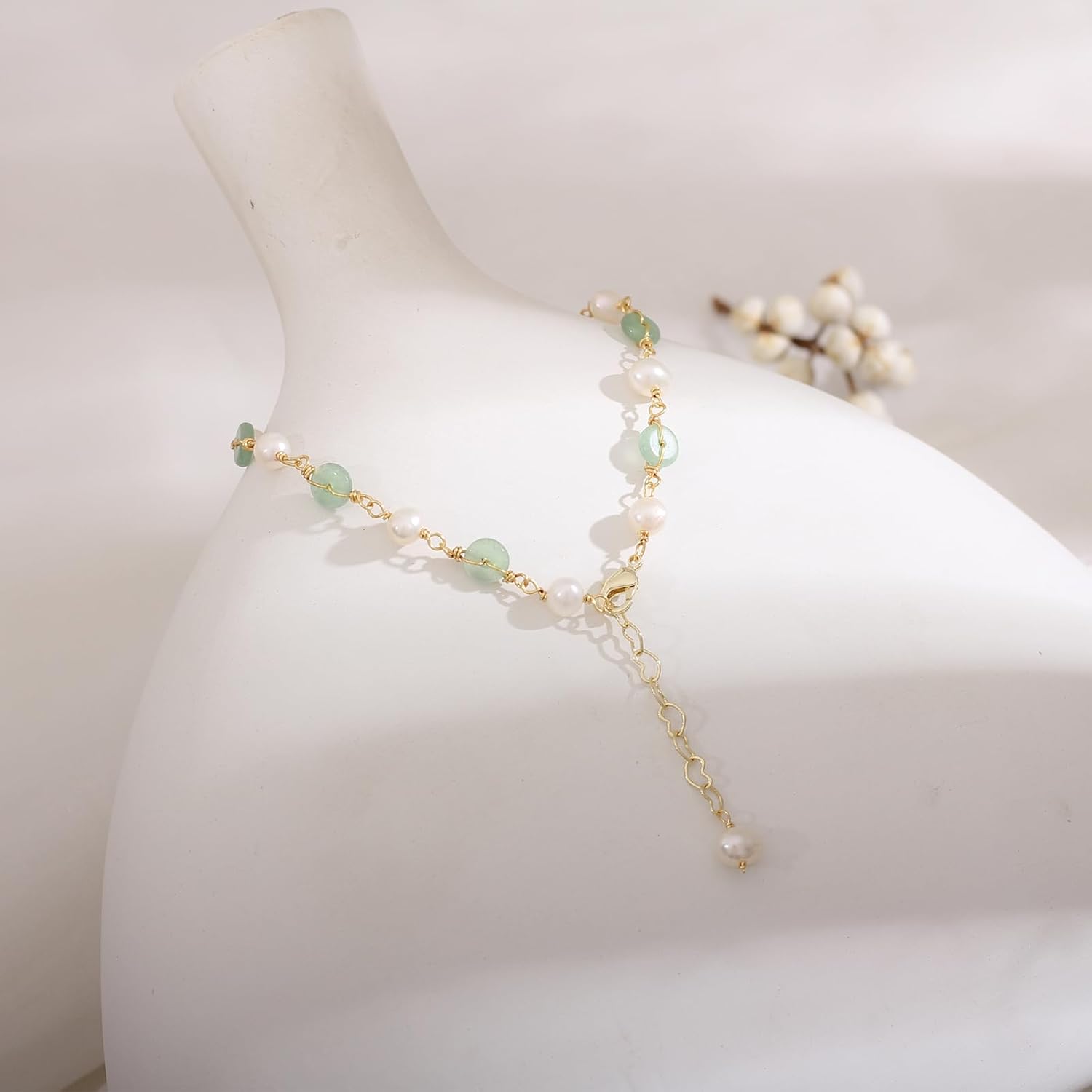 Natural Green Hetian Jade Anklet for Women, Pearls Adjustable Anklet, Natural Freshwater Pearls Anklet for Women, Handmade Jade Jewelry Gift for Women Girls, Christmas Gift for Her (14K Gold Plated) - Image 6