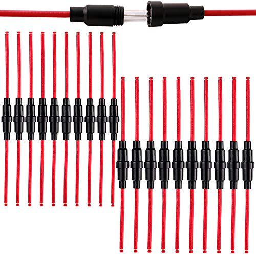 FULARR® 20Pcs Profesional Tubo Vidrio Portafusible Set, Portafusible Tipo Tornillo en Línea con Cable 16 AWG, para Rápido Soplado Vidrio Fusible (10Pcs 5X20mm + 10Pcs 6X30mm)