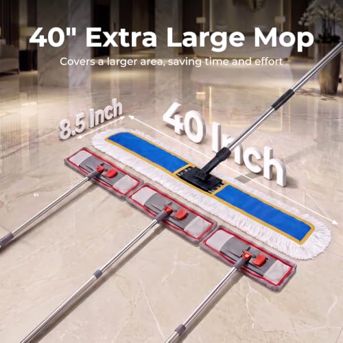 Image of 40 inch Commercial Dust Mop, Large Dust Mop with 2 Washable Pads, Blue | Industrial Mop with 2 Washable Pads, Large Heavy Duty Industrial Push Mop for Hardwood, Marble, Laminate, Vinyl, Concrete
