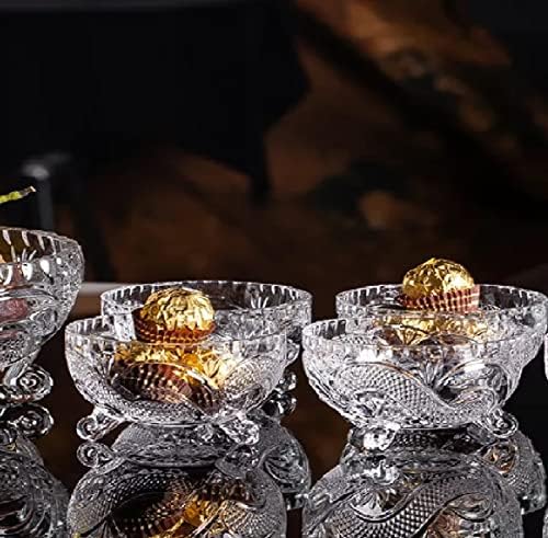 Khanary Set of 6 Glass Bowls Set Unique Embossed Crystal Look Footed Dishes Fruit Salad Trifle Dessert Sundae Ice Cream Appetiser Starter Prawn Cocktail Pudding Trifle Bowl 6 Pieces (6 Bowls Set Emo)