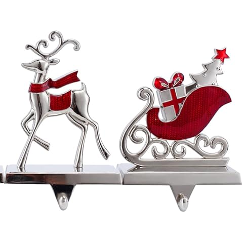 Reindeer Christmas Stocking Holders Set of 2- Deer and Sleigh Christmas Stocking Holder for Mantle Christmas Stocking Hangers for Fireplace Stocking Hooks Stocking Holders for Mantel(Deer and Sleigh) Cover