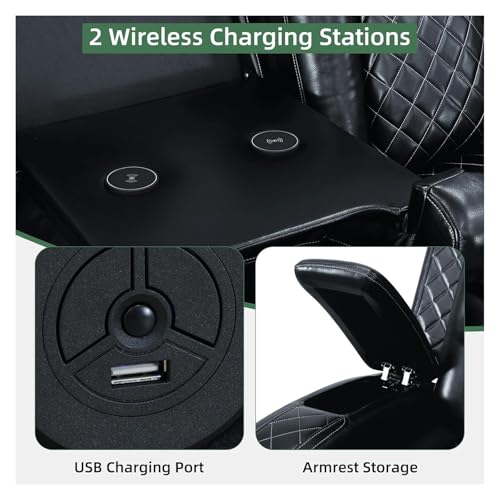 Image of Power Reclining Sectional Sofa Set with 2 Recliner Chairs, Black Breathable Faux Leather L-Shaped Couch with LED Lights, USB, Wireless Charging, Storage Console and Cup Holders for Living Room