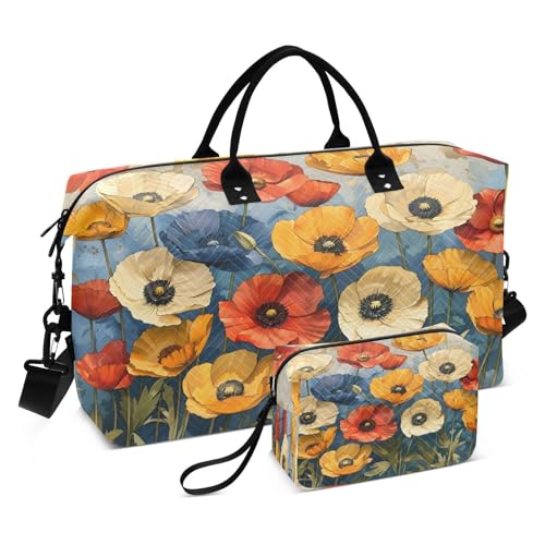Flower Travel Duffle Bag Gym Bag, Vibrant Retro Flowers Weekender Bags for Women with Toiletry Bag Travel Tote Bag Swim Bag