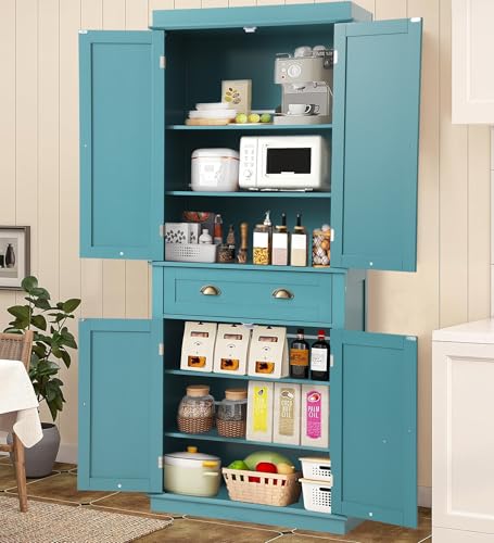 KIGOTY 72" Tall Kitchen Pantry Cabinet with Drawer and 4 Adjustable Shelves, Freestanding Pantry Storage Cabinets, Wood Cupboard Pantry Cabinet for Kitchen, Dining Room, Living Room, Turquoise