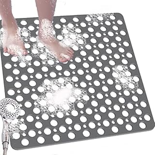 Square Shower Mat Non Slip Anti Mould,53x53 cm Grey Shower Mats for Inside Shower,Rubber Bath Mat for Bathroom,Machine Washable Bathtub Mats with Big Drain Holes and Suction Cups,Ideal for Elderly