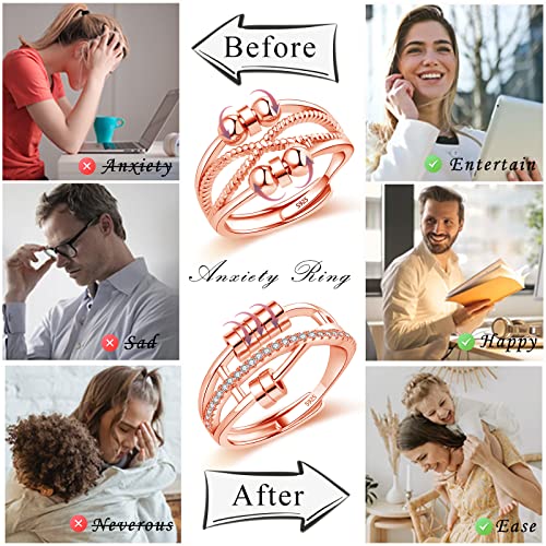Cangall Silber Anxiety Rings, 2PCS 925 Sterling Silber Damen Angst Rings Set, Offen Einstellbar Anti-Angst Ring Rose Gold, Unendlichkeit Stressring Dekompressionsringe, Zappelring Spinner Fidget Ring