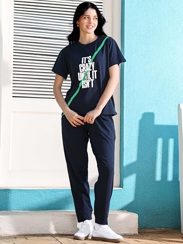 Image of ZEYO Night Suit for Women's Typography Printed Cotton Night Dress of Top and Joggers