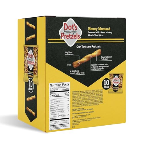 Image of Dot's Homestyle Pretzels Honey Mustard Seasoned Pretzel Twist Snack, 1oz Individually Sized Bag (Pack of 60)
