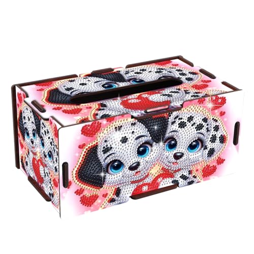 Image of DIY Diamond Art Tissue Box - Wooden Rhinestone Craft Kit with Dalmatian Dog & Red Heart Design, Cute Desktop Tissue Holder for Home Office Decoration
