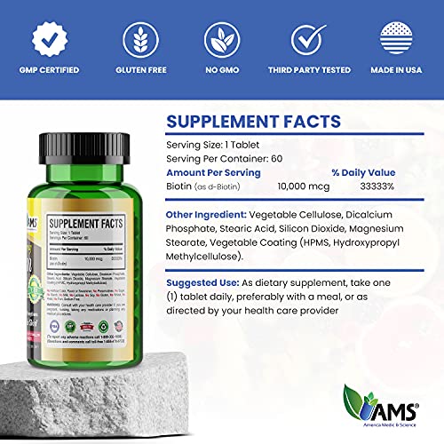AMS Biotin 10000mcg 60 Tablets - High Strength Vitamin B7 Supplement for Healthy Hair Growth, Strong Nails & Glowing Skin, Two-Month Supply for Men & Women, Halal Friendly Beauty Vitamin
