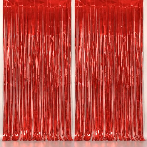 Image of KatchOn, XtraLarge Red Streamers Backdrop - 3.2x8 Feet, Pack of 2 | Red Fringe Backdrop for Hibachi Party Decorations, Cherry Party Decorations | Foil Fringe for Birthday, Carnival, Casino Theme Party