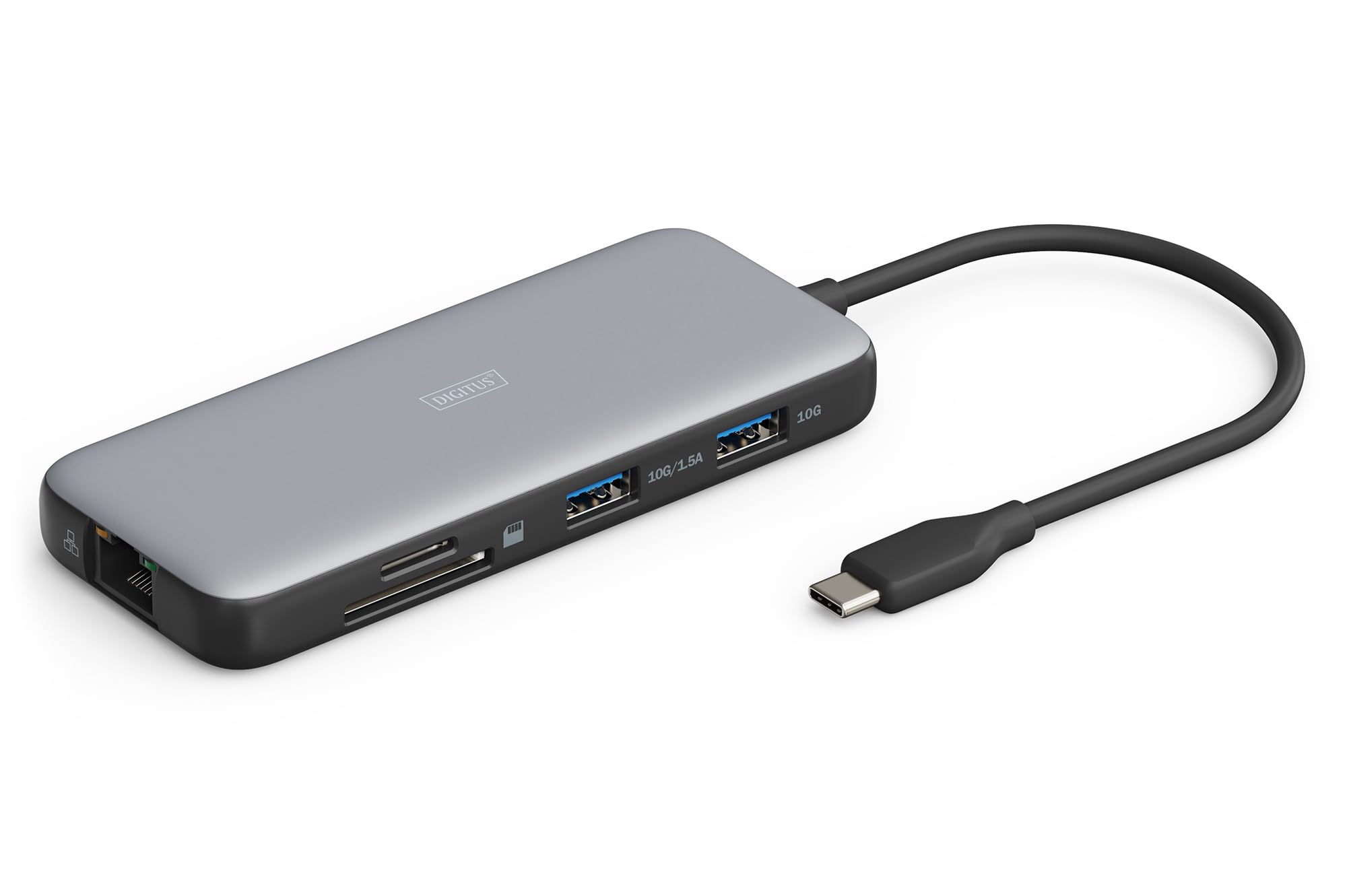 DIGITUS USB-C Docking Station – 8-Ports – 2X HDMI UltraHD 4k 60Hz | 2x USB-A 3.2 Gen2 – 1x USB-C 100W PD 3.0 – 1x RJ45 – Dual Kartenleser – Grau