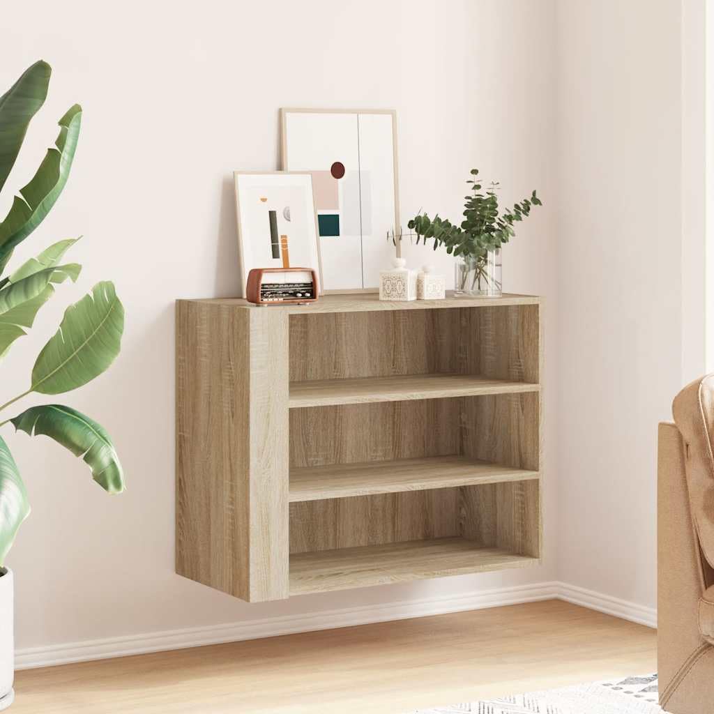 Scaffale da parete in rovere Sonoma, 75 x 35 x 60 cm, mensola sospesa con tre ripiani, montaggio a parete, per soggiorno, cucina, bagno, per ordine e spazio