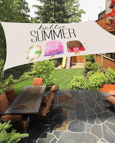 Summer Ice Cream Sun Shade Sail Waterproof Rectangle, UV Block Sail Shade Canopy Awning Outdoor Oxoford Privacy Shade Cover for Patio Pergola Deck Backyard 6.5'x10' Hello Summer Rustic