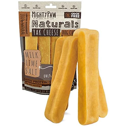 Mighty Paw Yak Cheese Dog Chews – All-Natural Long Lasting Hard Chew for Aggressive Chewers – High Protein, Odor-Free Dog Treat – 3 Ingredient Natural Yak Chews for Large Dogs – (4 Pack) Lar