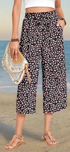 Image of Anyhold Women's Capri Pants Drawstring Casual Palazzo Trousers with Pockets Loose High Waisted Wide Leg Lounge Pants