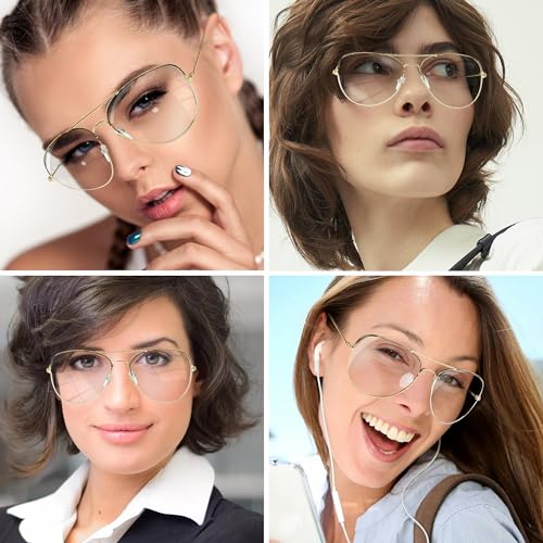 SunnyPro Aviator Glasses Clear Lens Oversized Silver Metal Frame Non-Prescription UV4002