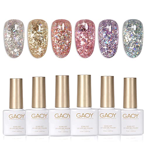 GAOY Glitter Gel Nail Polish Set 6 Colors Including Pink White Gold Purple for Nail Art DIY Manicure and Pedicure at Home