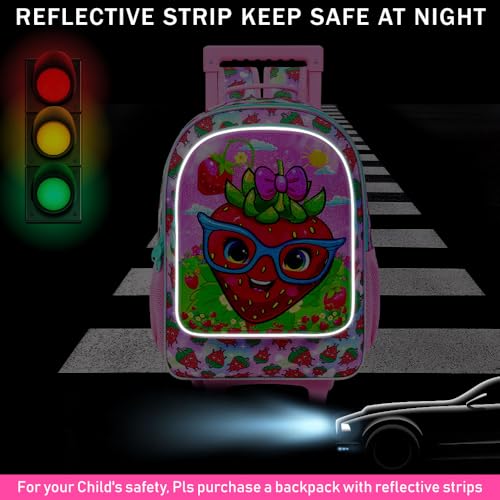 KLFVB Girls Rolling Backpack, 3PCS Kids Roller Bookbag with Lunch Bag, Wheeled School Bag for Children - Strawberry2
