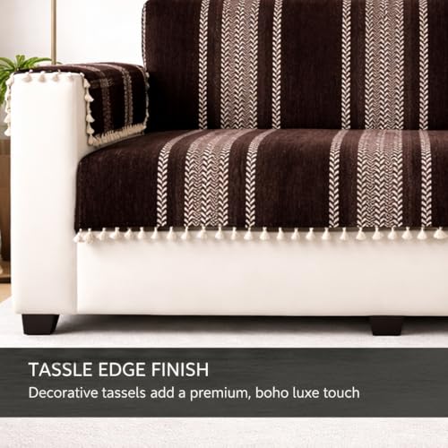 Image of STITCHNEST Chenille Printed Sofa Cover 3 Seater with 2 Hand Rest Covers - Washable Brown Sofa Cover with Tassels - Durable Premium Fabric - Stylish Sofa Protector for Living Room & Furniture Decor