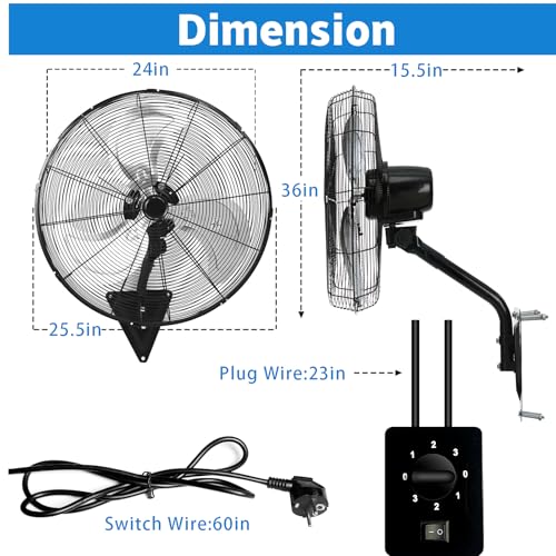 Image of AZOUTDOOR 24 inch Wall Mount Fan, 8850 CFM High Velocity Industrial Wall Fan with 3-Speed Setting, 120 Oscillating Mounted Fans for Warehouse, Workshop, Garage, Patios, Commercial Use ETL Listed, Black