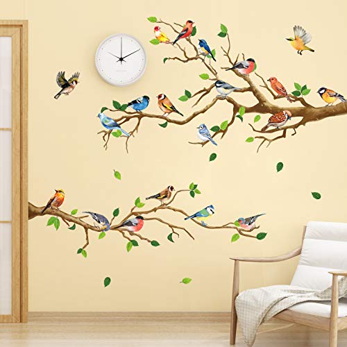 RW-ZSZ1069 Birds On Tree Wall Decals Tree Branch Wall Stickers Colorful Birds Green Leaf Decals DIY Removable Colorful Flying Bird Wall Art Decor for...