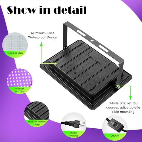 Image of 4 Pack 200W LED Black Lights, Blacklight Flood Lights with Plug & Switch, Waterproof IP66 Outdoor High Power Neon Glow for Parties, Halloween Decorations, Fluorescent Poster, Body Paint