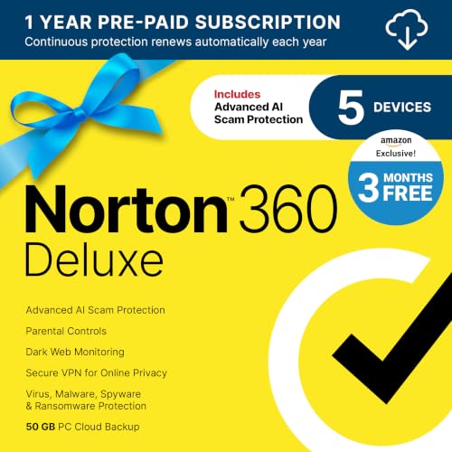 Norton 360 Deluxe, Antivirus software for 5 Devices with Auto-Renewal – 3 MONTHS FREE - Includes Advanced AI Scam Protection, VPN, Dark Web Monitoring & PC Cloud Backup [Download]