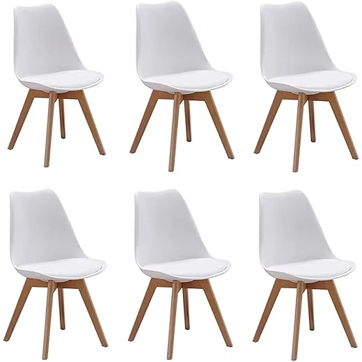 My Art Design - Set of 6 Scandinavian Chairs with Padded & Solid Beech Wood Legs Chairs for Dinning Cafe, Home, Hotel & Office (6 Chairs) (White)