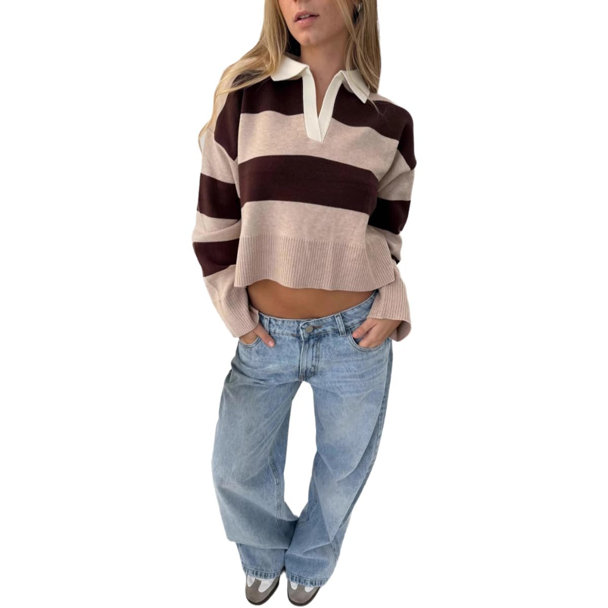 Womens Color Clash Wide Stripes Lapel Preppy Sweater Fall Trendy Long Sleeve Ribbed Knit Pullover