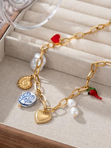 Trendy Stainless Steel Gold Plated Charm Necklace with Heart Pearl Pepper Conch Ceramic Pendant Necklace for Women Collares Chokers Jewelry4