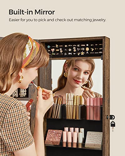 Image of SONGMICS Engineered Wood Lockable Jewelry Cabinet Armoire, Wall-Mounted Storage Organizer With Full-Length Frameless Mirror, 14.8 X 3.8 X 42.5 Inches, Rustic Brown