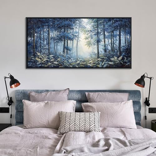 Image of Forest Canvas Wall Art for Living Room - Navy Blue Bedroom Wall Art, Landscape Pictures Wall Decor, Forest Painting, Framed Nature Tree Artwork Walls 24x48IN
