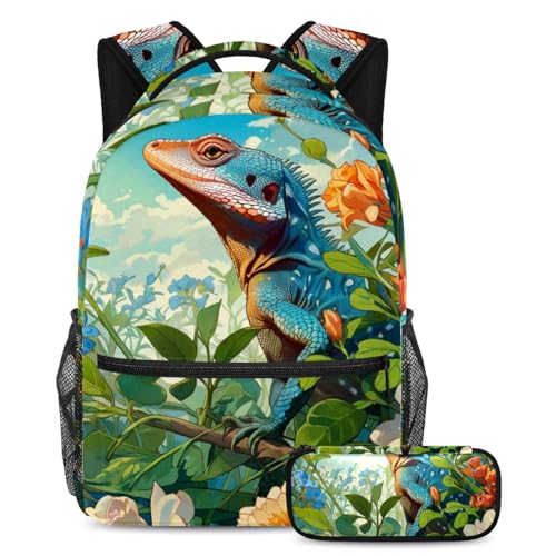 Sac à dos lézard mignon ergonomique et grand ensemble cartable pour ados actifs